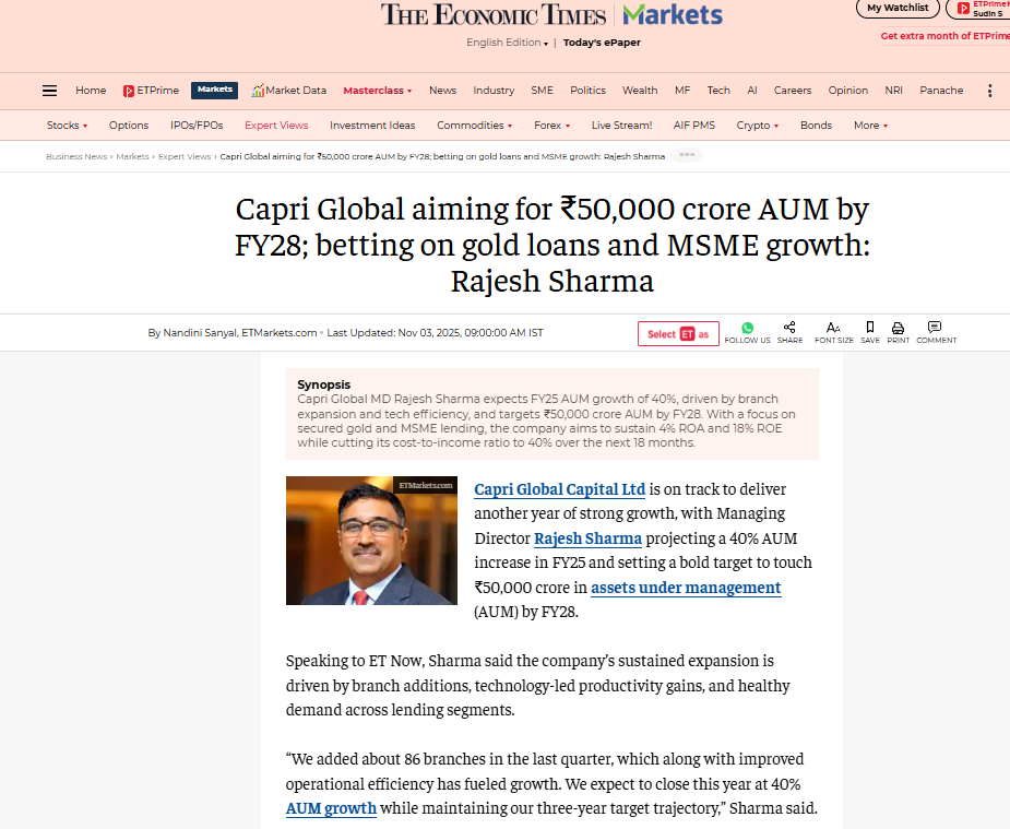 Capri Global aiming for ₹50,000 crore AUM by FY28; betting on gold loans and MSME growth